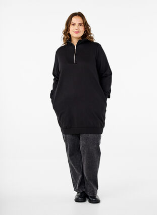 Zizzi Tunika i sweatshirttyg med huva och dragkedja, Black, Model image number 2