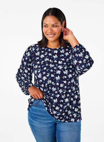 Zizzi Blus med långa ärmar och blommigt tryck, Night Sky AOP, Model image number 0