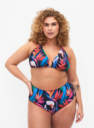 Zizzi Bikiniunderdel med tryck och hög midja, Bright Leaf, Model image number 0