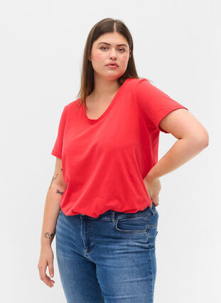 Zizzi Enfärgad t-shirt i bomull, Hibiscus, Model image number 0