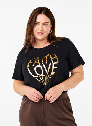 Zizzi FLASH - T-shirt med motiv, Black Gold Faith, Model image number 0