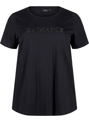 Zizzi T-shirt i bomull med strassmotiv, Black w. Radiance, Packshot image number 0