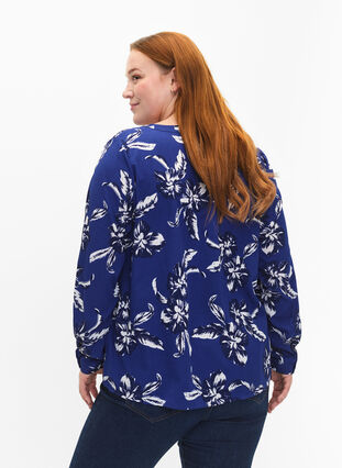 Zizzi FLASH - Långärmad blus med tryck, Navy Blazer Flower, Model image number 1