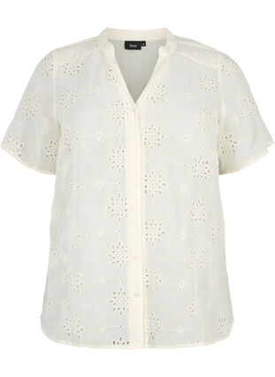 Zizzi Kortärmad skjortblus med broderi anglaise, Antique White, Packshot image number 0
