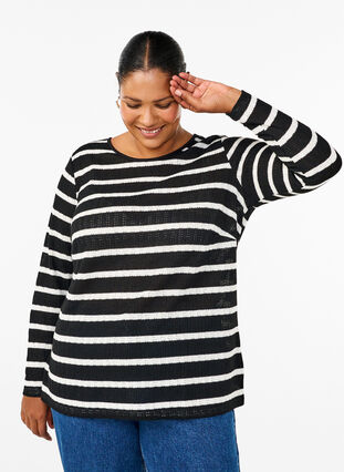 Zizzi Blus med ränder och lång ärm, Black Sand Stripe, Model image number 0