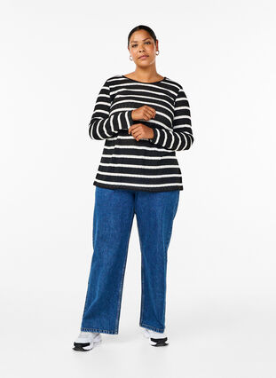 Zizzi Blus med ränder och lång ärm, Black Sand Stripe, Model image number 2