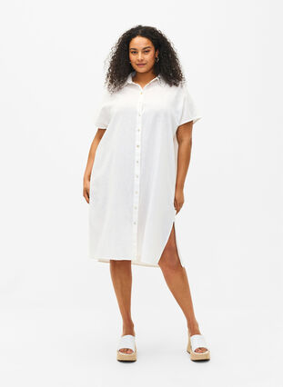 Zizzi Lång skjorta i bomullsblandning med linne, Bright White, Model image number 0