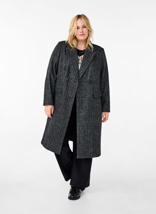 Zizzi Lång ullrock med fiskbensmönster, Dark Grey Melange, Model image number 2