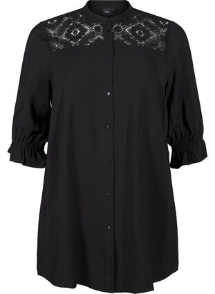 Zizzi Lång viskosskjorta med spetsdetalj, Black, Packshot image number 0