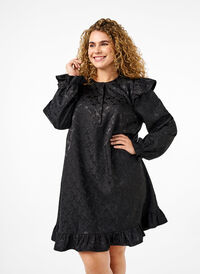 Jacquardklänning med långa ärmar och volangdetalj, Black, Model