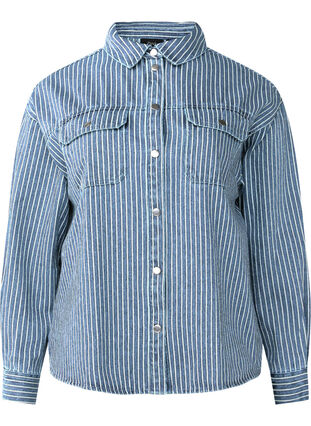 Zizzi Randig jeansskjorta med bröstfickor, Light B.Denim Stripe, Packshot image number 0