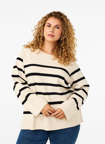 Zizzi Randig stickad blus med rund hals, Birch w. Black, Model image number 0