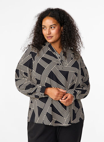 Zizzi Långärmad skjortblus med V-ringning, BLACK BEIGE GRAPHIC, Model image number 0