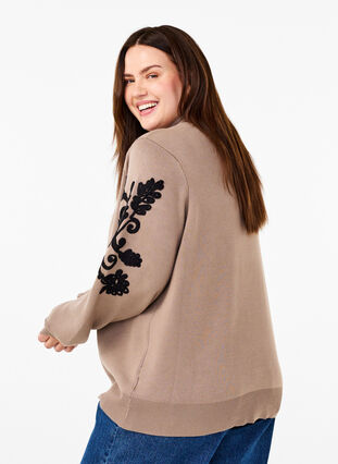 Zizzi Stickad blus med broderi, Desert Taupe Comb, Model image number 1