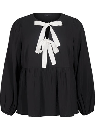 Zizzi Viskosblus med rosetter och lång ärm, Black White Bow, Packshot image number 0