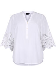 Skjortblus med broderie anglaise och 3/4-ärmar, Bright White