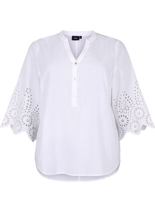 Zizzi Skjortblus med broderie anglaise och 3/4-ärmar, Bright White, Packshot image number 0