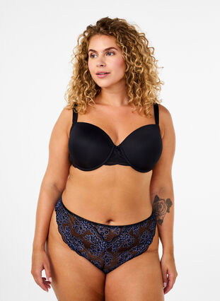 Zizzi G-string med kontrastfärgad spets, Black w Blue , Model image number 0