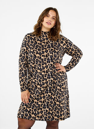 Zizzi FLASH - Långärmad klänning med turtleneck, Leopard Print, Model image number 0