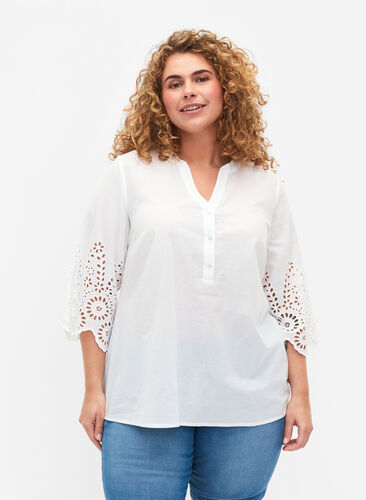 Zizzi Skjortblus med broderie anglaise och 3/4-ärmar, Bright White, Model image number 0