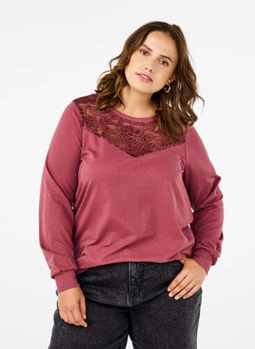 Zizzi Sweatshirt med spetsdetaljer, Rose Brown, Model image number 0