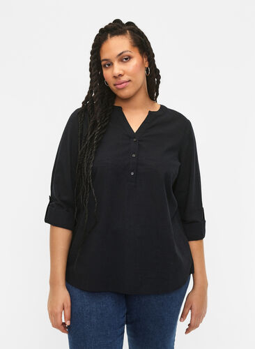 Zizzi Skjortblus i bomull med v-ringning, Black, Model image number 0