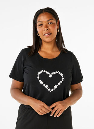Zizzi T-shirt från FLASH med tryck, Black Flower Heart , Model image number 0