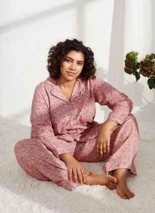 Zizzi Pyjamasskjorta i bomull med blommönster, Powder Pink, Image image number 0