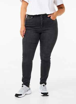 Zizzi Amy jeans med hög midja och super slim fit, Dark Grey Denim, Model image number 2