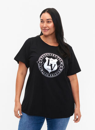 Zizzi T-shirt i ekologisk bomull med tryck , Black W. Silver LA, Model image number 0