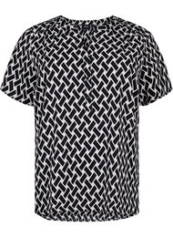 V-ringad blus med korta ärmar, Black Graphic AOP