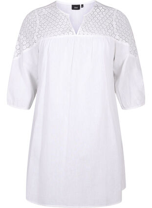 Zizzi Klänning i bomullsblandning med linne och virkade detaljer, Bright White, Packshot image number 0