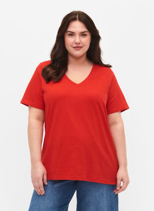 Zizzi V-ringad bas t-shirt med korta ärmar, Flame Scarlet, Model image number 0