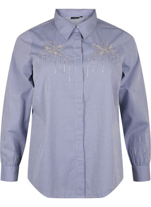 Zizzi Skjorta i ekologisk bomull med pärlbroderi, Blue White Stripe, Packshot image number 0