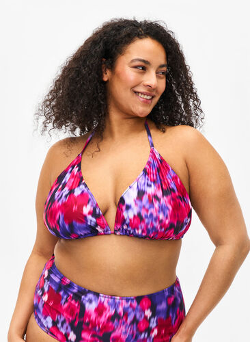 Zizzi Triangel-bikinibehå med tryck, Pink Flower AOP, Model image number 0