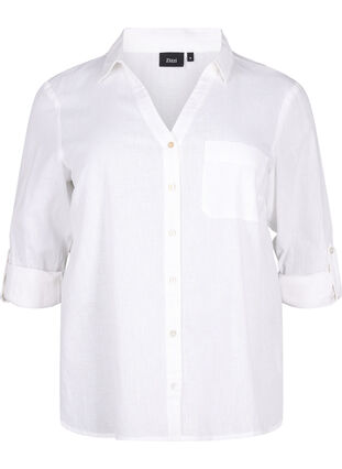 Zizzi Skjortblus med knappstängning i bomulls- och linneblandning, Bright White, Packshot image number 0