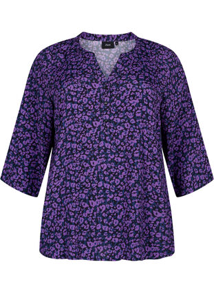 Zizzi Blus i viskos med 3/4 ärmar, Purple Leo AOP, Packshot image number 0