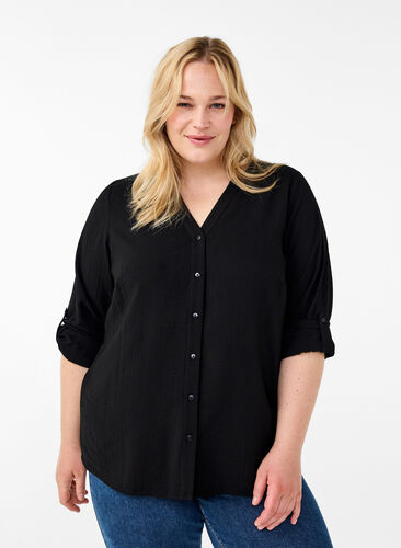 Zizzi Skjortblus i viskos med trekvartsärmar, Black, Model image number 0