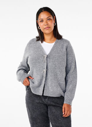 Zizzi Stickad kofta med silvrig rosett, Medium Grey Melange, Model image number 0