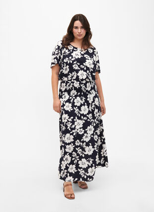 Zizzi FLASH - Maxikjol i viskos med smock, N. Sky White Flower, Model image number 3