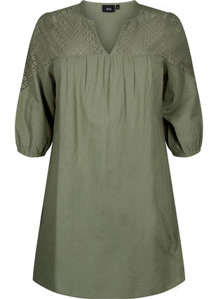 Zizzi Klänning i bomullsblandning med linne och virkade detaljer, Deep Lichen Green, Packshot image number 0