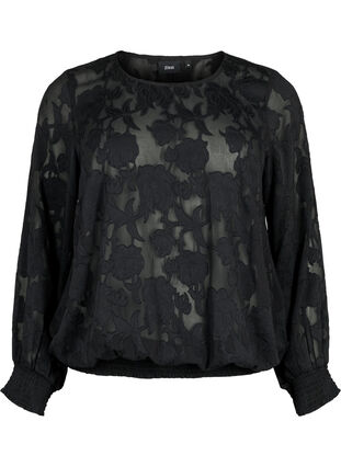 Zizzi Jacquardblus med smock, Black, Packshot image number 0