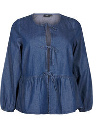 Peplum blus i denim med knytband, Dark Blue Denim