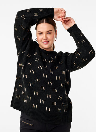 Zizzi Mönstrad pullover, Black Mel. Nomad, Model image number 0