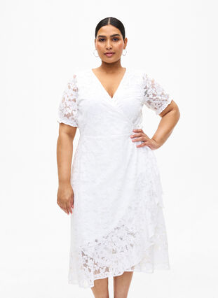 Zizzi Omlottklänning med spets och korta ärmar, Bright White, Model image number 0