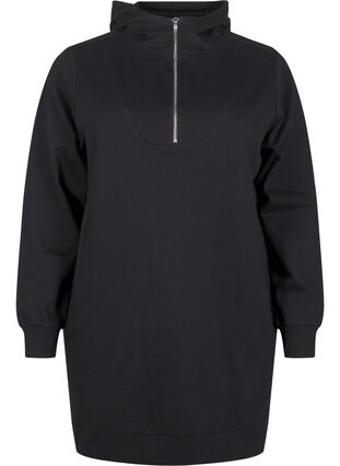 Zizzi Tunika i sweatshirttyg med huva och dragkedja, Black, Packshot image number 0