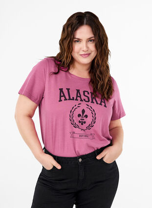 Zizzi T-shirt i bomull med textmotiv, Malaga W. ALASKA, Model image number 0