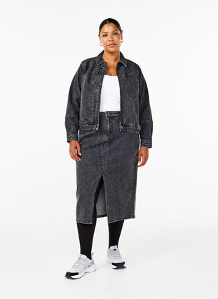 Zizzi Denimkjol med slits framtill, Dark Grey Denim, Model image number 0