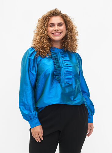 Zizzi Glansig skjortblus med volanger, Diva Blue, Model image number 0