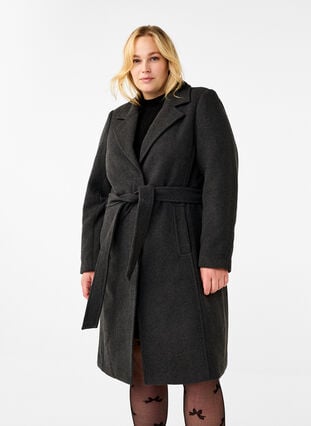 Zizzi Lång ullrock med bälte, Dark Grey Melange, Model image number 0